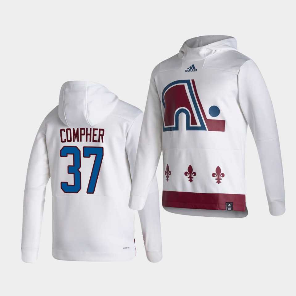 Men Colorado Avalanche 37 Compher White NHL 2021 Adidas Pullover Hoodie Jersey